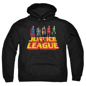 AN OFFCIALLY LICENSED JLA STANDING ABOVE ADULT UNISEX PULLOVER HOODIE BLACK
