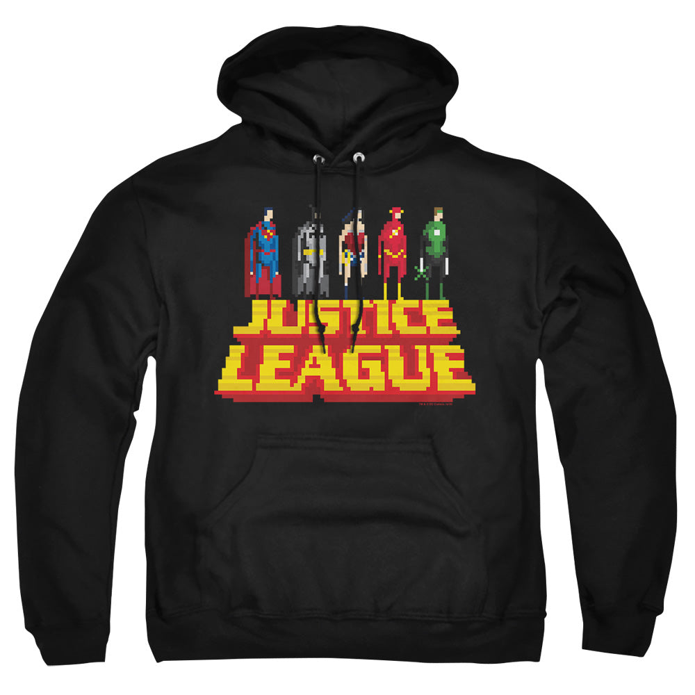 AN OFFCIALLY LICENSED JLA STANDING ABOVE ADULT UNISEX PULLOVER HOODIE BLACK