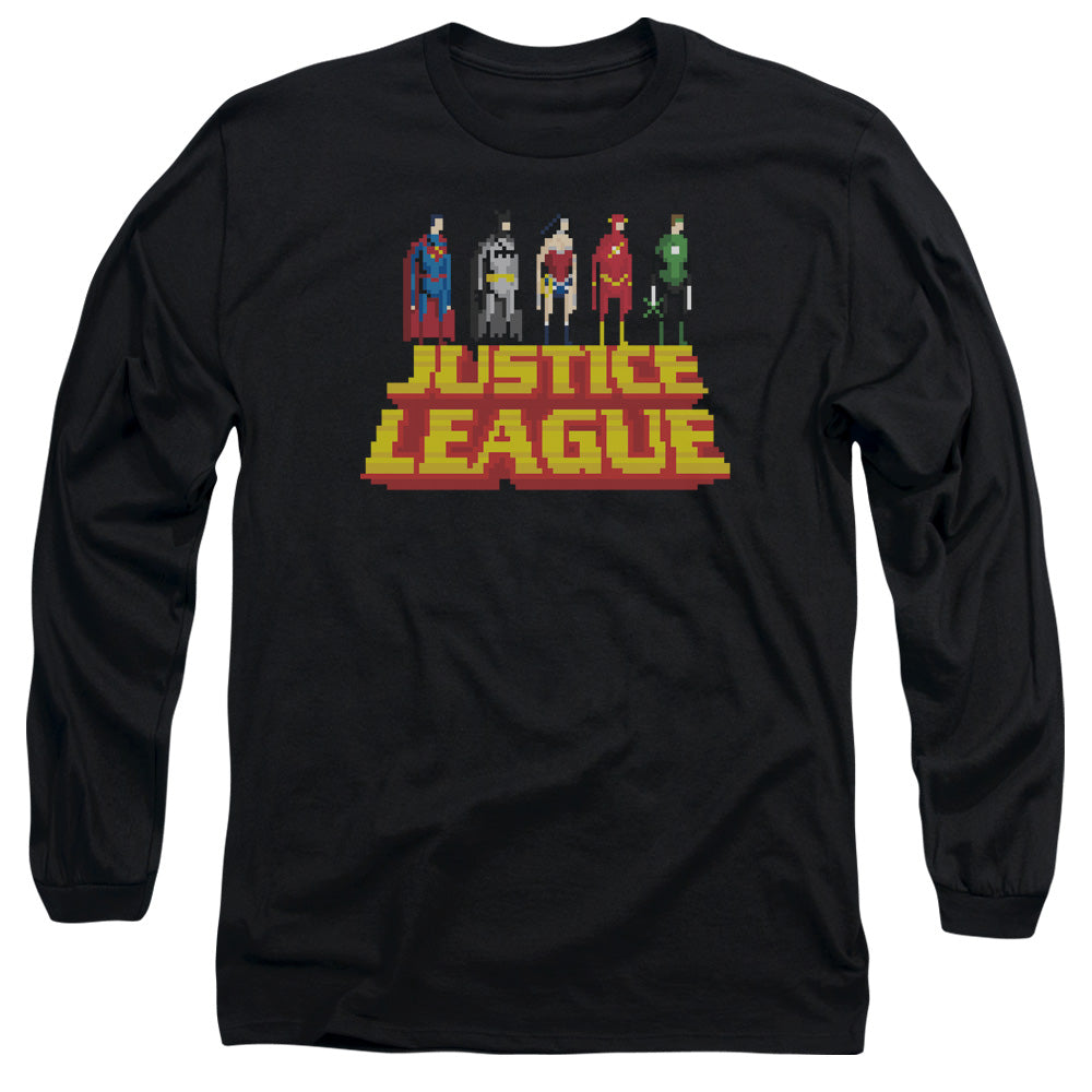 AN OFFCIALLY LICENSED JLA STANDING ABOVE MEN'S LONG SLEEVE T-SHIRT BLACK
