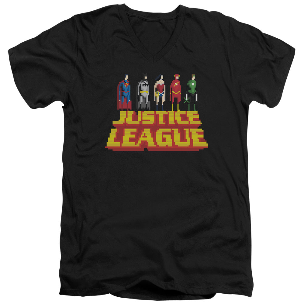 AN OFFCIALLY LICENSED JLA STANDING ABOVE MEN'S V-NECK T-SHIRT BLACK