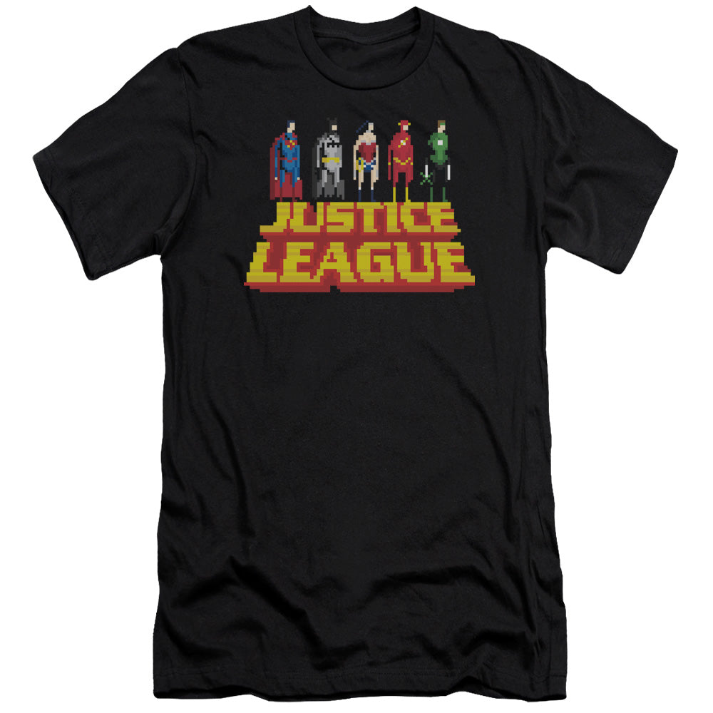AN OFFCIALLY LICENSED JLA STANDING ABOVE MEN'S PREMIUM SLIM FIT T-SHIRT BLACK