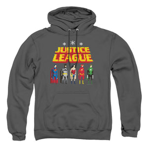 AN OFFCIALLY LICENSED JLA STANDING BELOW ADULT UNISEX PULLOVER HOODIE CHARCOAL