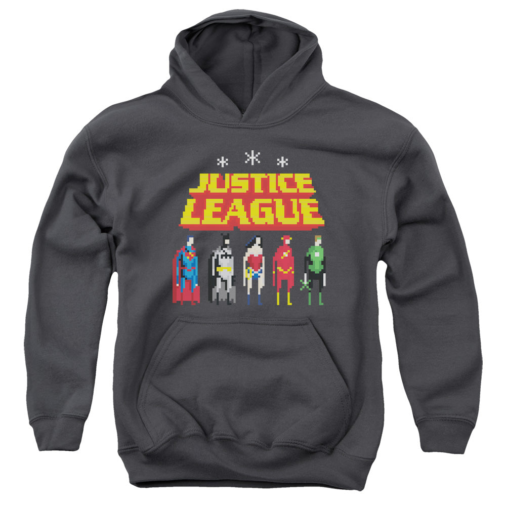 AN OFFCIALLY LICENSED JLA STANDING BELOW YOUTH HOODIE CHARCOAL