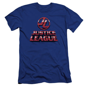 AN OFFCIALLY LICENSED JLA 8 BIT JLA MEN'S PREMIUM SLIM FIT T-SHIRT ROYAL