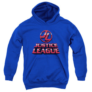 AN OFFCIALLY LICENSED JLA 8 BIT JLA YOUTH HOODIE ROYAL