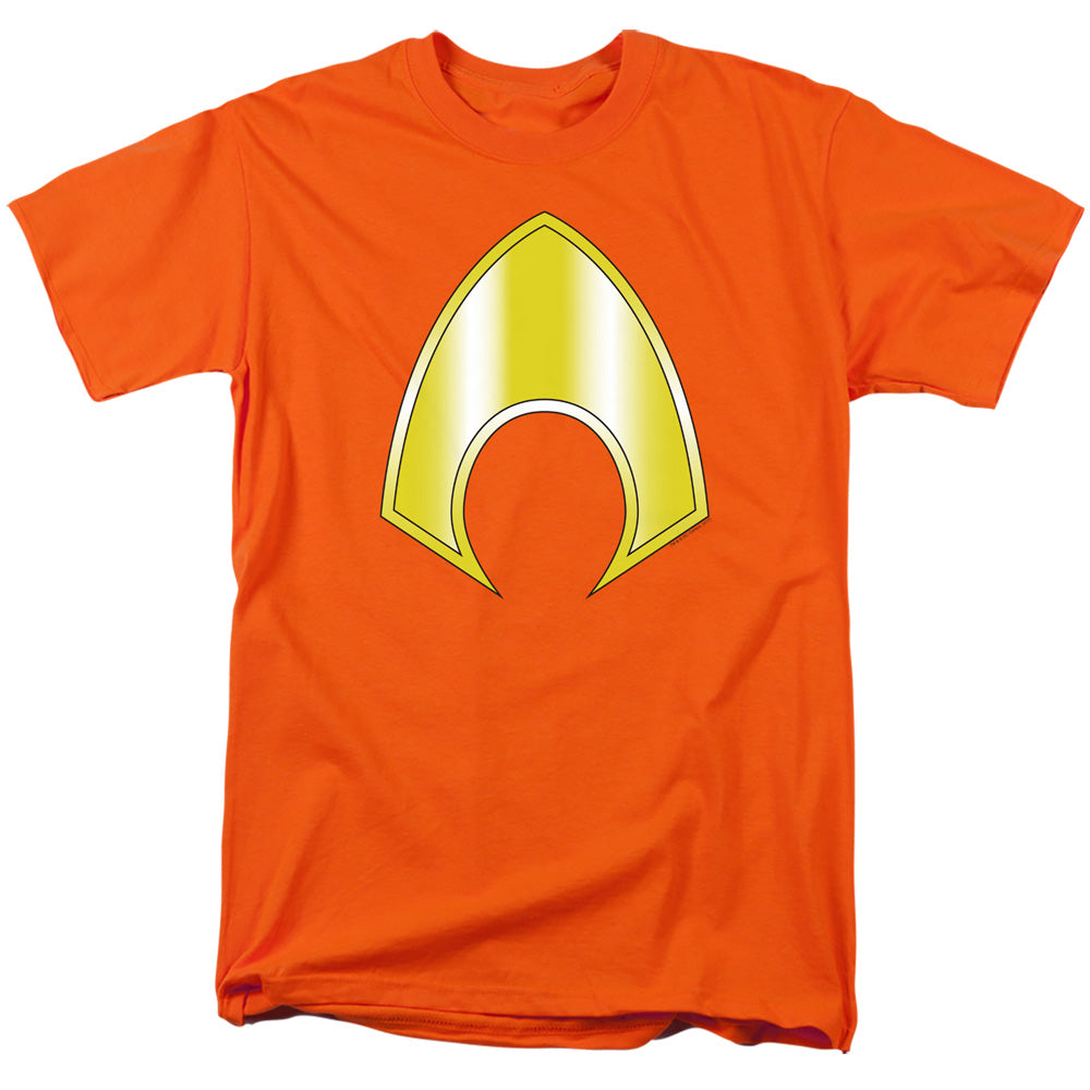 AN OFFCIALLY LICENSED JLA AQUAMAN LOGO MEN'S REGULAR FIT T-SHIRT ORANGE