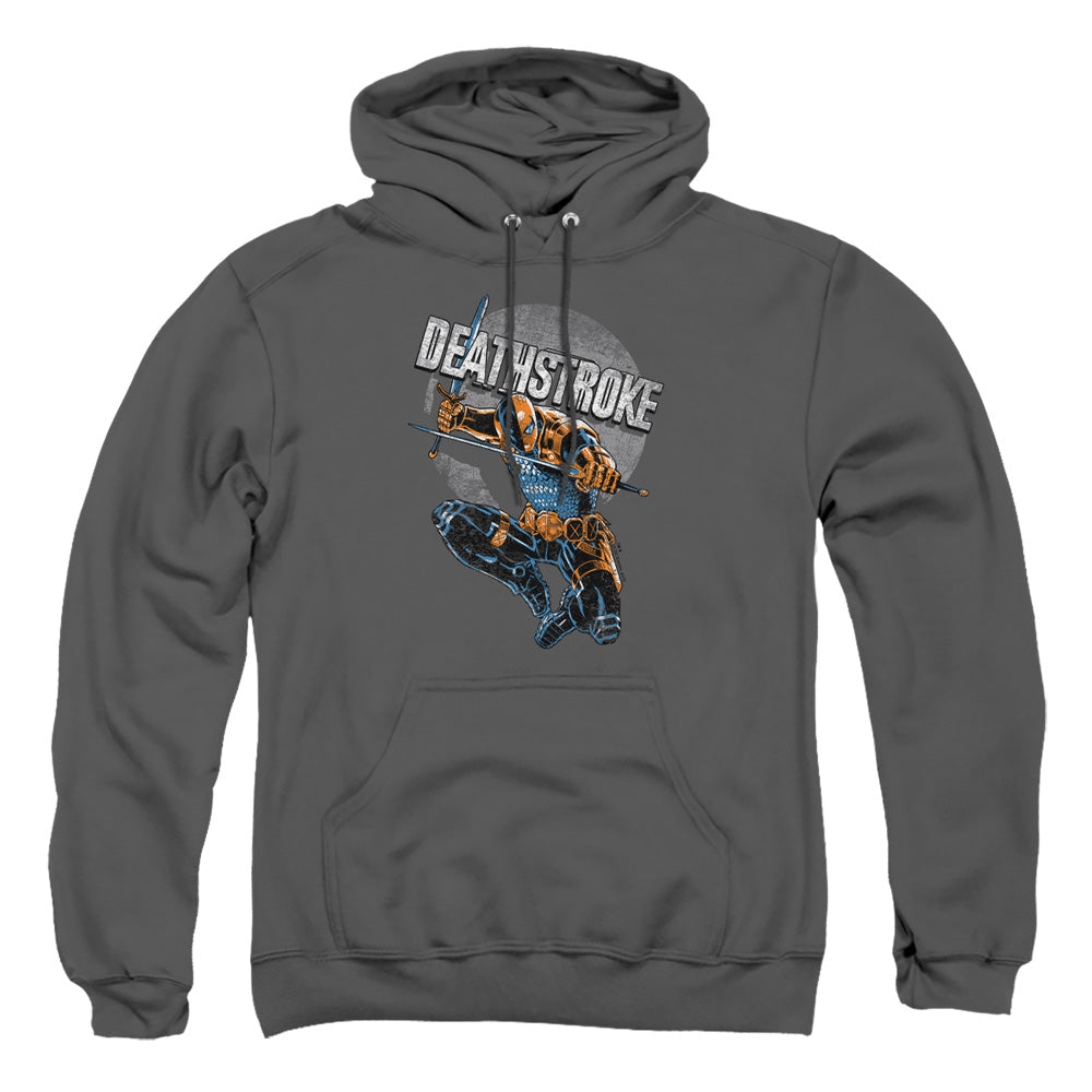 AN OFFCIALLY LICENSED JLA DEATHSTROKE RETRO ADULT UNISEX PULLOVER HOODIE CHARCOAL