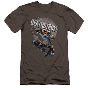 AN OFFCIALLY LICENSED JLA DEATHSTROKE RETRO MEN'S PREMIUM SLIM FIT T-SHIRT CHARCOAL