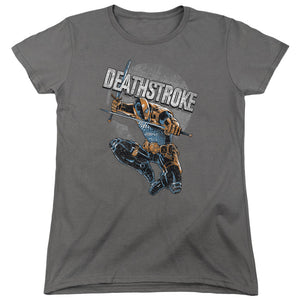 AN OFFCIALLY LICENSED JLA DEATHSTROKE RETRO WOMEN'S REGULAR FIT T-SHIRT CHARCOAL