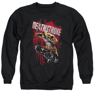 AN OFFCIALLY LICENSED JLA BLOOD SPLATTERED ADULT UNISEX CREWNECK SWEATSHIRT BLACK