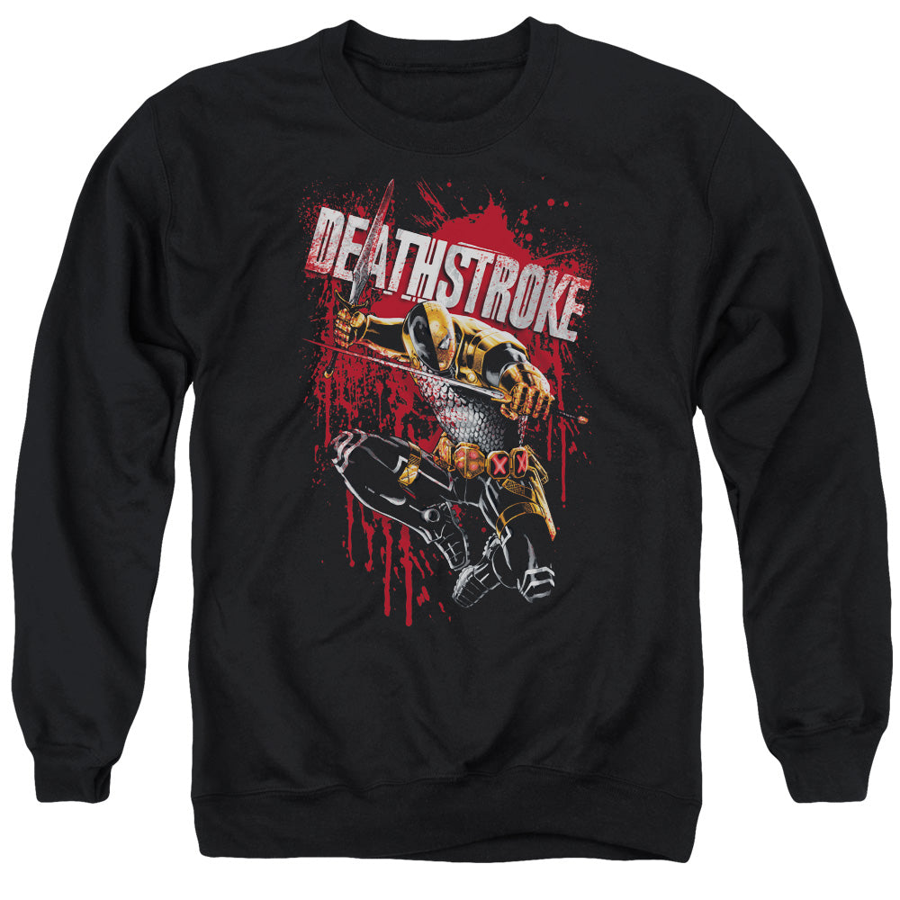 AN OFFCIALLY LICENSED JLA BLOOD SPLATTERED ADULT UNISEX CREWNECK SWEATSHIRT BLACK
