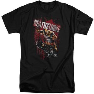 AN OFFCIALLY LICENSED JLA BLOOD SPLATTERED MEN'S TALL FIT T-SHIRT BLACK