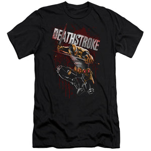AN OFFCIALLY LICENSED JLA BLOOD SPLATTERED MEN'S PREMIUM SLIM FIT T-SHIRT BLACK
