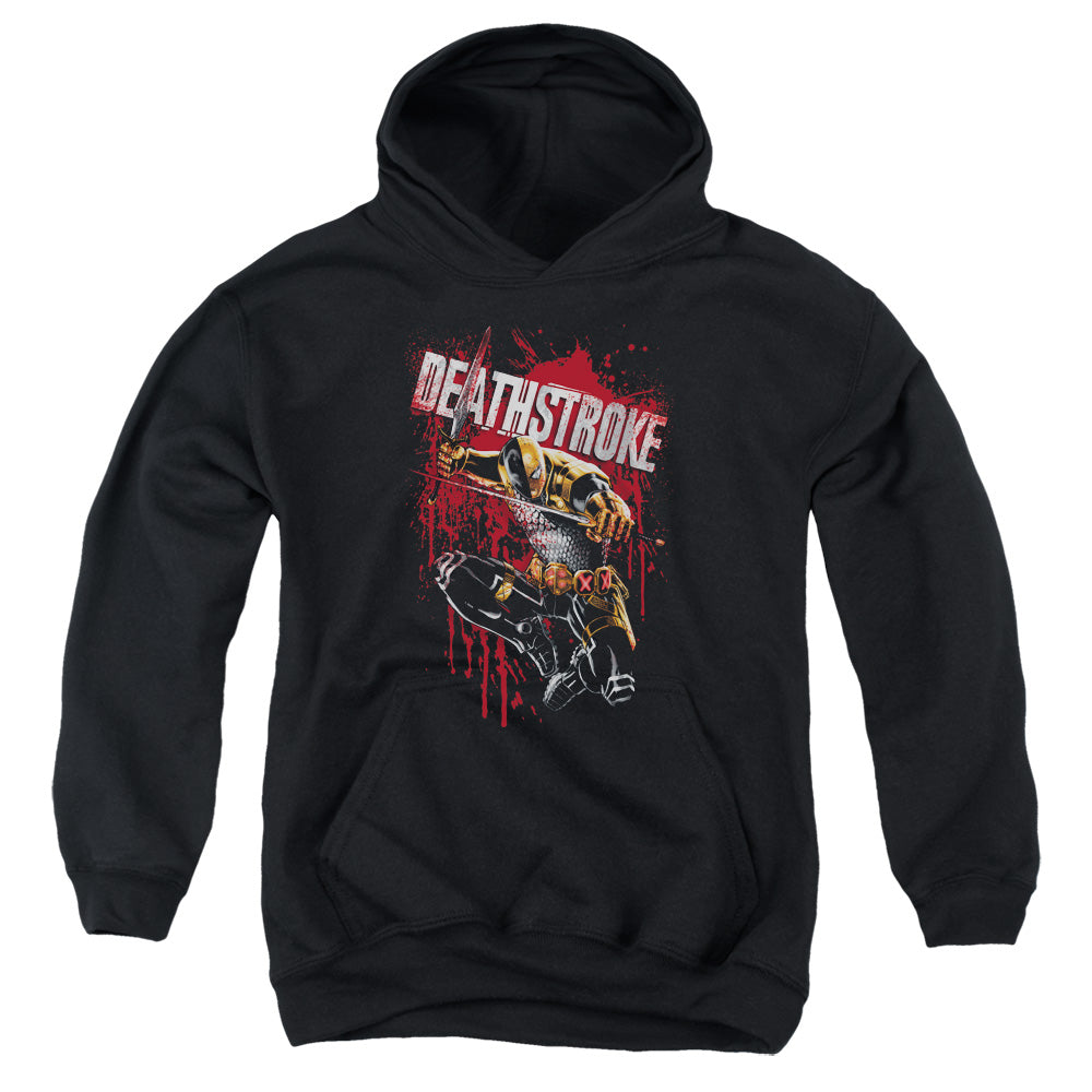 AN OFFCIALLY LICENSED JLA BLOOD SPLATTERED YOUTH HOODIE BLACK