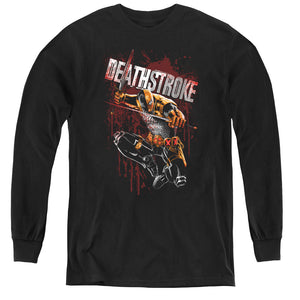 AN OFFCIALLY LICENSED JLA BLOOD SPLATTERED YOUTH LONG SLEEVE T-SHIRT BLACK