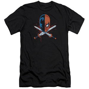 AN OFFCIALLY LICENSED JLA CROSSED SWORDS MEN'S PREMIUM SLIM FIT T-SHIRT BLACK