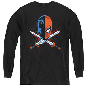 AN OFFCIALLY LICENSED JLA CROSSED SWORDS YOUTH LONG SLEEVE T-SHIRT BLACK