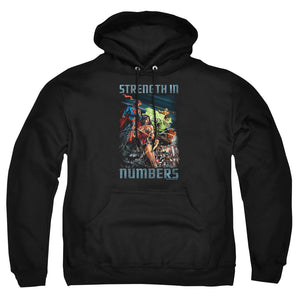 AN OFFCIALLY LICENSED JLA STRENGTH IN NUMBER ADULT UNISEX PULLOVER HOODIE BLACK