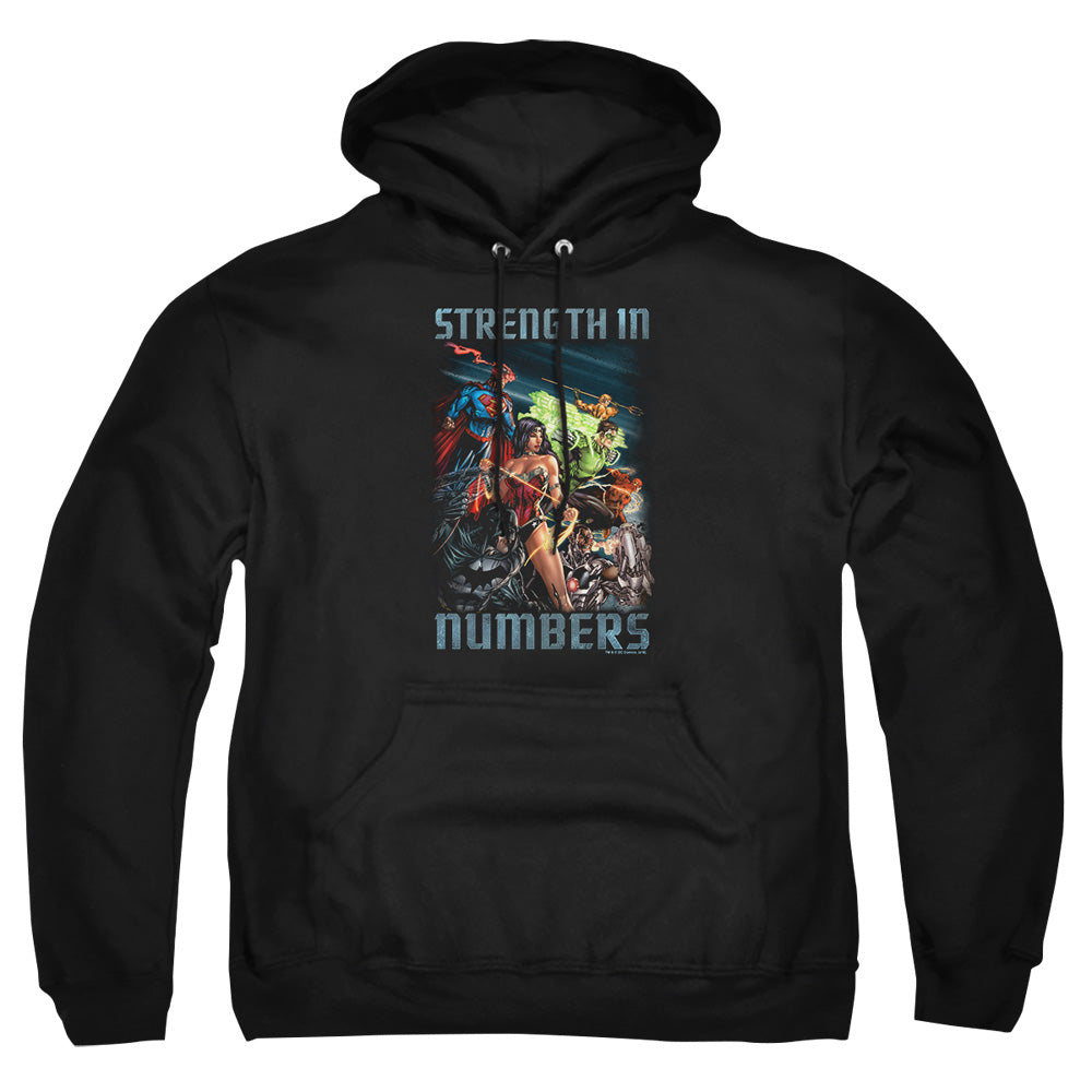 AN OFFCIALLY LICENSED JLA STRENGTH IN NUMBER ADULT UNISEX PULLOVER HOODIE BLACK