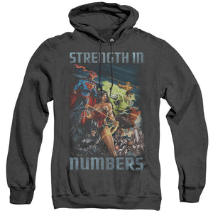 AN OFFCIALLY LICENSED JLA STRENGTH IN NUMBER ADULT UNISEX HEATHER PULLOVER HOODIE BLACK