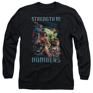 AN OFFCIALLY LICENSED JLA STRENGTH IN NUMBER MEN'S LONG SLEEVE T-SHIRT BLACK