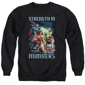 AN OFFCIALLY LICENSED JLA STRENGTH IN NUMBER ADULT UNISEX CREWNECK SWEATSHIRT BLACK