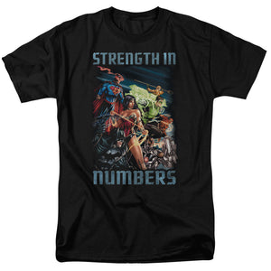 AN OFFCIALLY LICENSED JLA STRENGTH IN NUMBER MEN'S REGULAR FIT T-SHIRT BLACK