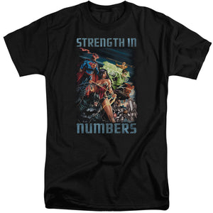 AN OFFCIALLY LICENSED JLA STRENGTH IN NUMBER MEN'S TALL FIT T-SHIRT BLACK