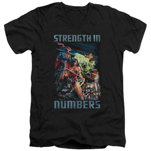 AN OFFCIALLY LICENSED JLA STRENGTH IN NUMBER MEN'S V-NECK T-SHIRT BLACK