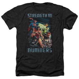 AN OFFCIALLY LICENSED JLA STRENGTH IN NUMBER MEN'S HEATHER T-SHIRT CHARCOAL