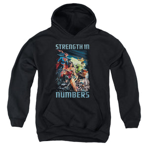 AN OFFCIALLY LICENSED JLA STRENGTH IN NUMBER YOUTH HOODIE BLACK