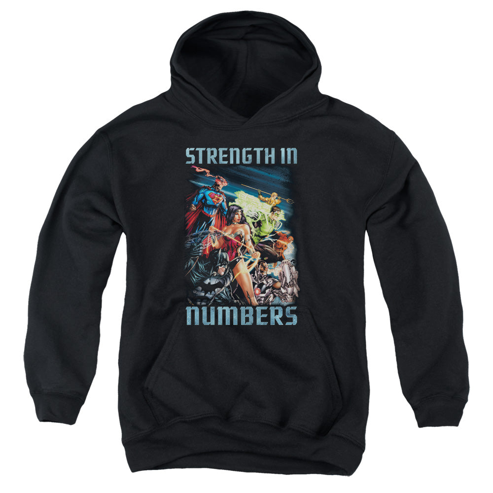AN OFFCIALLY LICENSED JLA STRENGTH IN NUMBER YOUTH HOODIE BLACK