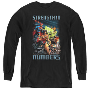 AN OFFCIALLY LICENSED JLA STRENGTH IN NUMBER YOUTH LONG SLEEVE T-SHIRT BLACK