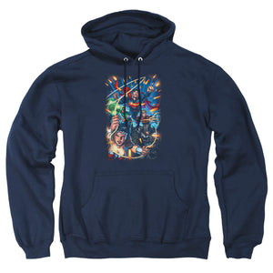 AN OFFCIALLY LICENSED JLA UNDER ATTACK ADULT UNISEX PULLOVER HOODIE NAVY