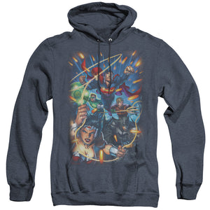 AN OFFCIALLY LICENSED JLA UNDER ATTACK ADULT UNISEX HEATHER PULLOVER HOODIE NAVY