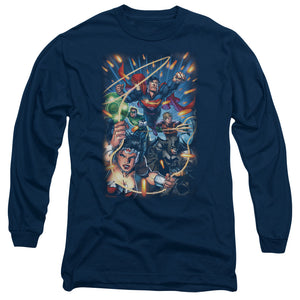 AN OFFCIALLY LICENSED JLA UNDER ATTACK MEN'S LONG SLEEVE T-SHIRT NAVY