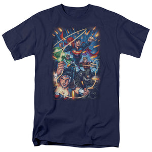 AN OFFCIALLY LICENSED JLA UNDER ATTACK MEN'S REGULAR FIT T-SHIRT NAVY