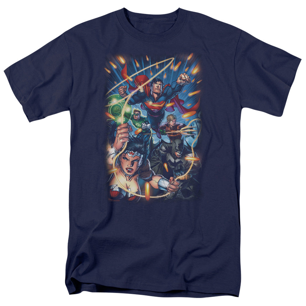 AN OFFCIALLY LICENSED JLA UNDER ATTACK MEN'S REGULAR FIT T-SHIRT NAVY