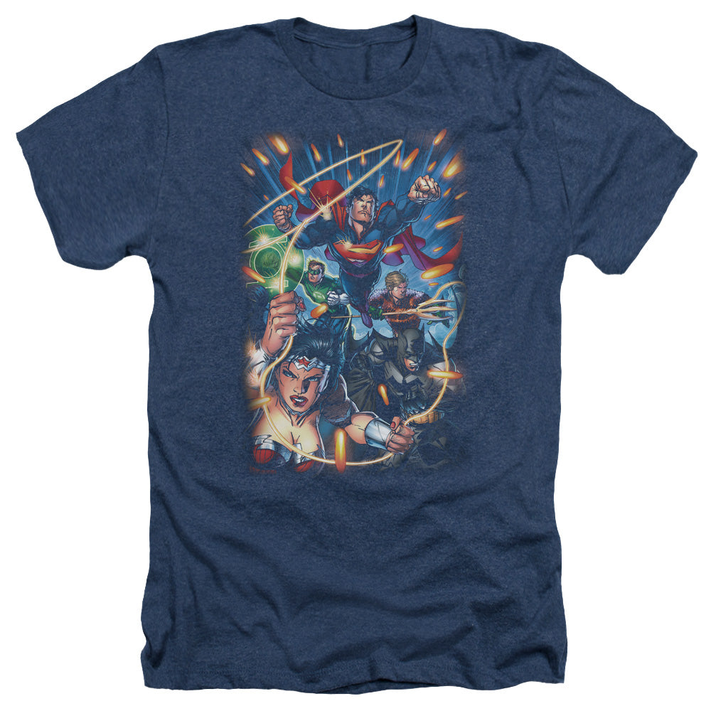 AN OFFCIALLY LICENSED JLA UNDER ATTACK MEN'S HEATHER T-SHIRT NAVY