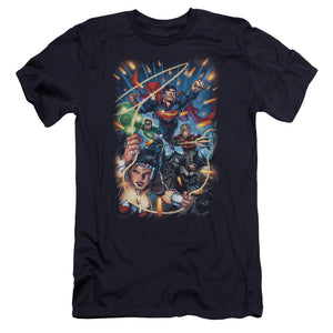 AN OFFCIALLY LICENSED JLA UNDER ATTACK MEN'S PREMIUM SLIM FIT T-SHIRT NAVY