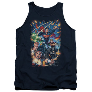 AN OFFCIALLY LICENSED JLA UNDER ATTACK ADULT UNISEX TANK TOP NAVY