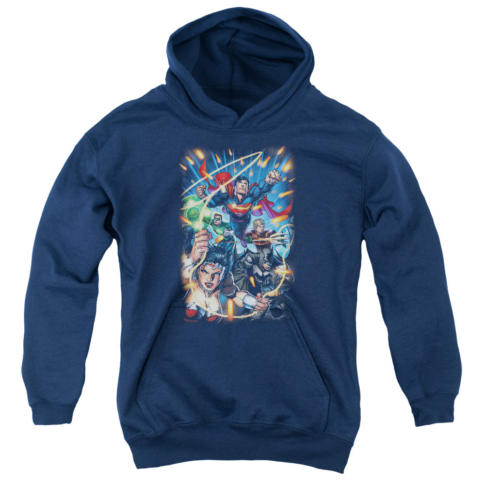 AN OFFCIALLY LICENSED JLA UNDER ATTACK YOUTH HOODIE NAVY