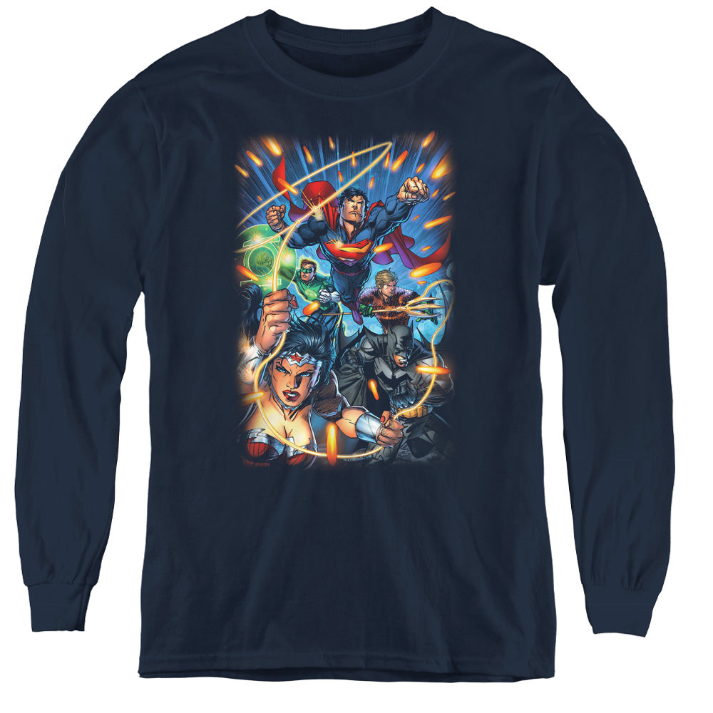 AN OFFCIALLY LICENSED JLA UNDER ATTACK YOUTH LONG SLEEVE T-SHIRT NAVY