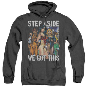 AN OFFCIALLY LICENSED JLA HEROINES ADULT UNISEX HEATHER PULLOVER HOODIE BLACK