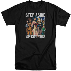 AN OFFCIALLY LICENSED JLA HEROINES MEN'S TALL FIT T-SHIRT BLACK