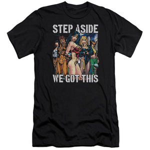 AN OFFCIALLY LICENSED JLA HEROINES MEN'S PREMIUM SLIM FIT T-SHIRT BLACK