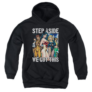 AN OFFCIALLY LICENSED JLA HEROINES YOUTH HOODIE BLACK