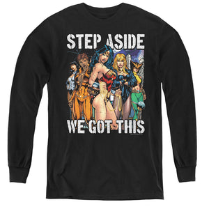 AN OFFCIALLY LICENSED JLA HEROINES YOUTH LONG SLEEVE T-SHIRT BLACK