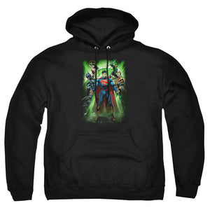 AN OFFCIALLY LICENSED JLA POWER BURST ADULT UNISEX PULLOVER HOODIE BLACK