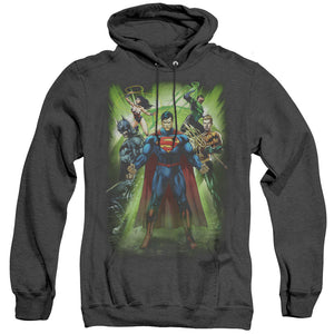 AN OFFCIALLY LICENSED JLA POWER BURST ADULT UNISEX HEATHER PULLOVER HOODIE BLACK